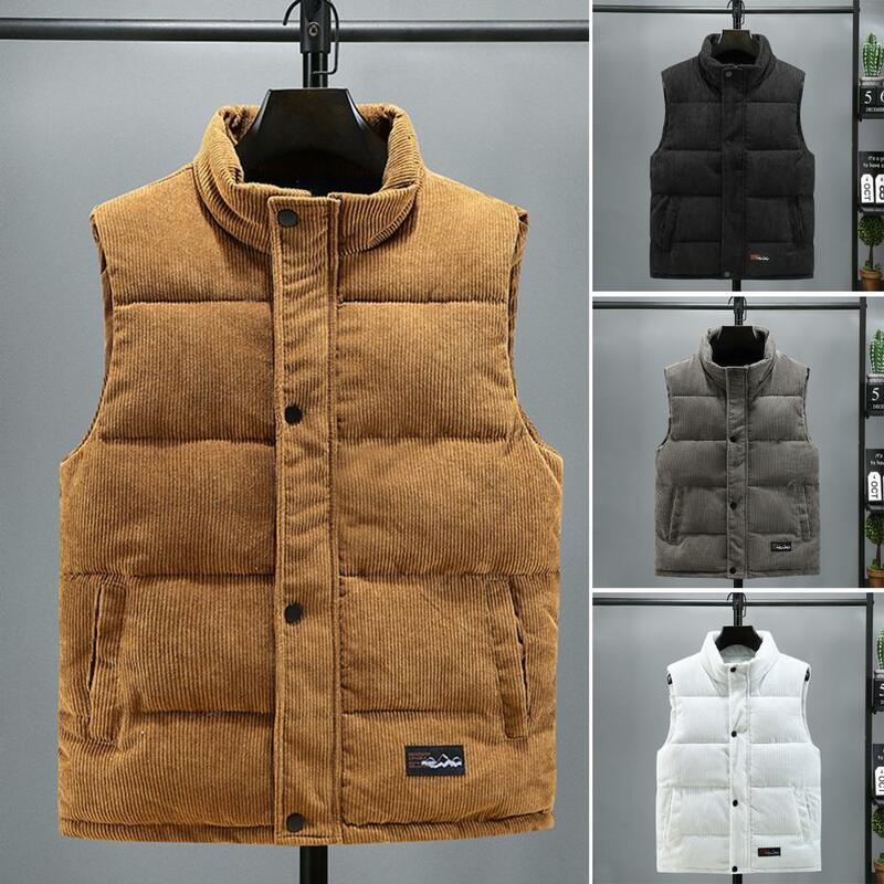 防風ノースリーブジャケット,ポケット付きスタンドカラー,厚手のパッド入りコート,暖かい襟,冬
