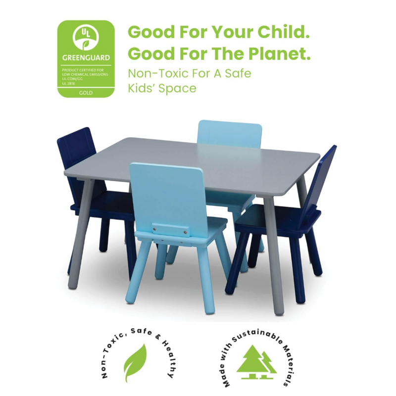 Conjunto de mesa e cadeira para crianças, Cadeira infantil em madeira de pinho, cinza e azul, 4 cadeiras incluídas, 23,5x31,5x17,5 polegadas