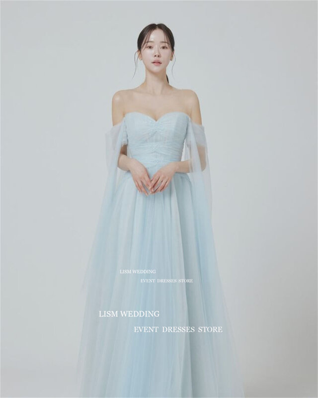 LISM Sweetheart Sky Blue Korea A Line Evening Dresses Off Shoulder Wedding Photo Shoot Formal Occasion Gown Backless Party Dress