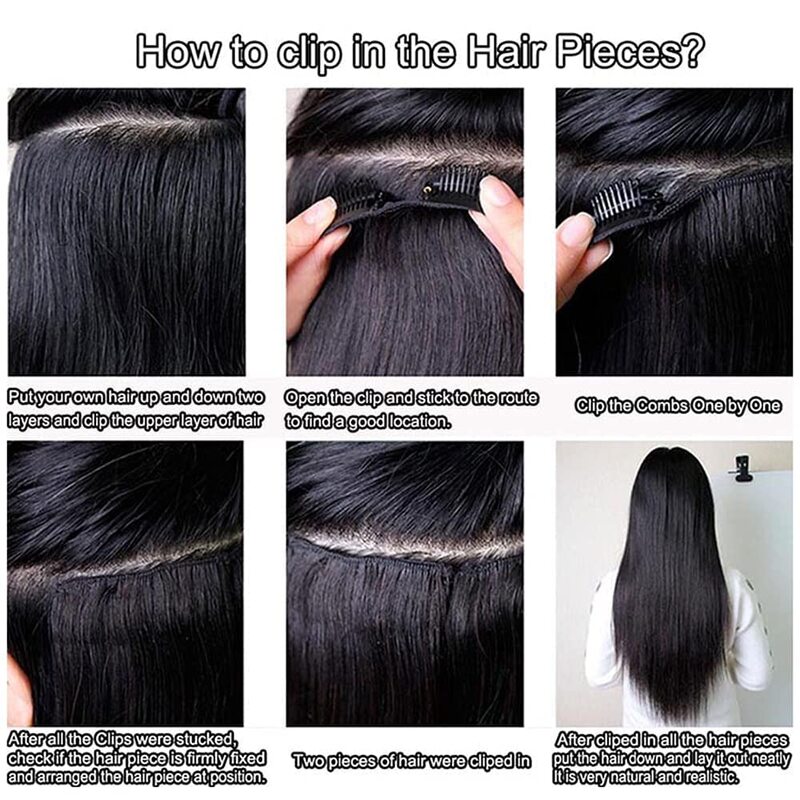 Kinky Straight Clip em extensões de cabelo para mulheres, cabelo humano real, preto natural, sem costura Clip Ins, Remy