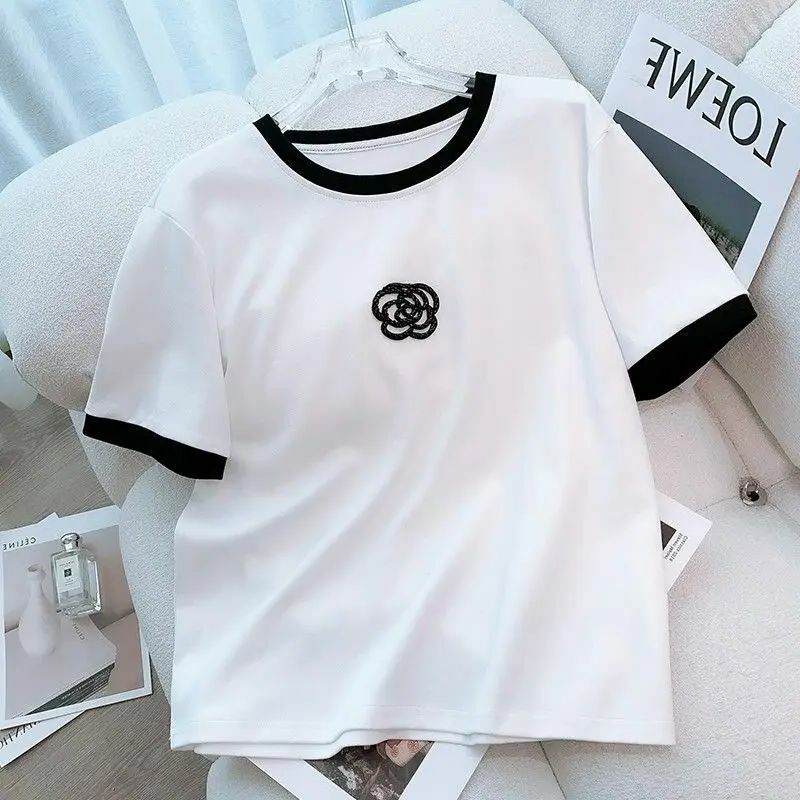 Conjunto deportivo de dos piezas para mujer, camiseta de manga corta, Top corto y pantalones, estilo fragante pequeño, novedad de verano