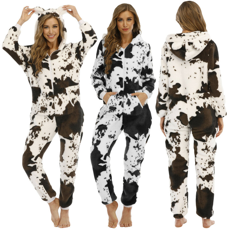 Women’S Cute Onesie Pajamas Zipper Hooded Printed Jumpsuit Comfortable Thick Nightgown Mlik Print Hooded Sleepwear Female