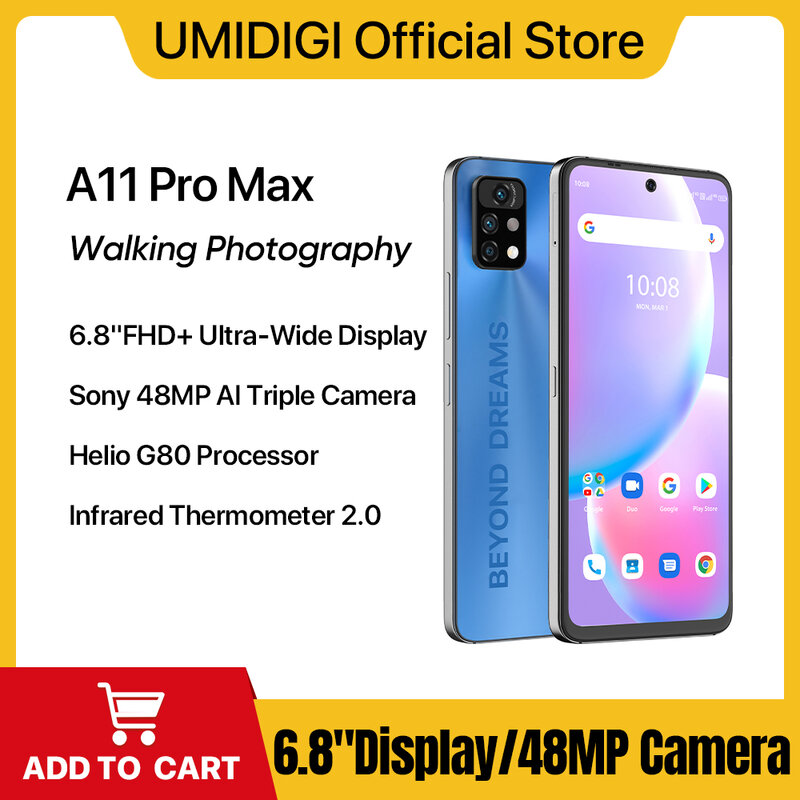 UMIDIGI-A11 Pro Max Smartphone Android, Versão Global, 6,8 "FHD + Display, 8GB, 128GB, Helio G80, Câmera Tripla de 48MP, 5150mAh