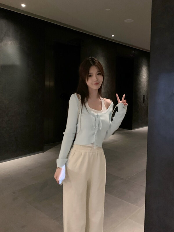 2022 Winter Chic Pure Color Fake Two Pullover Korean Style Y2k Crop Tops Woman Slim Causal Long Sleeve Knitted Sweater Clothing