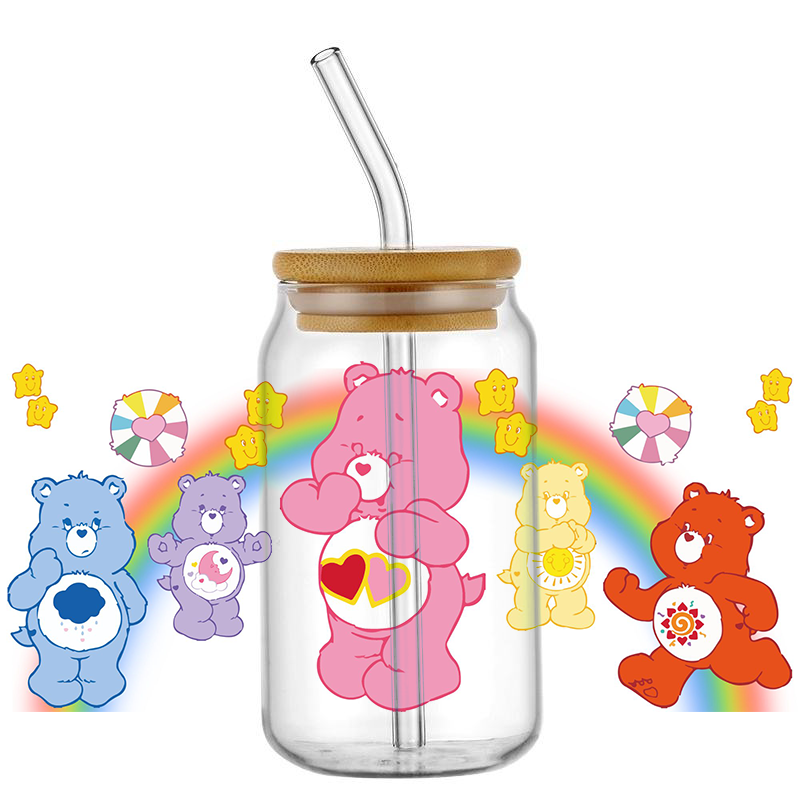 Наклейки Miniso в виде клубники с милым медведем, 16 унций, УФ, DTF, наклейки на чашки, пользовательские этикетки «сделай сам», водонепроницаемый логотип для стеклянной банки Libbey
