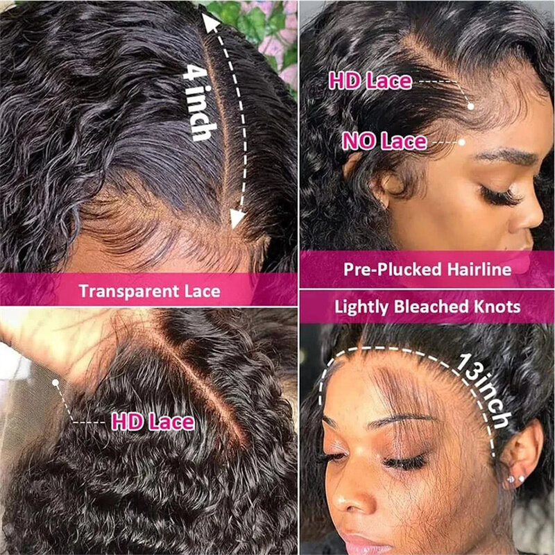 Onda de água Lace Frontal Peruca, peruca de cabelo humano encaracolado para escolha das mulheres, pré arrancado, 38 ", HD, 13x6, 5x5, 200 Densidade