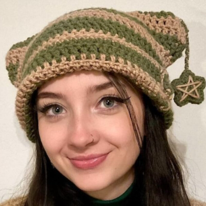 Chapéu artesanal de malha de gato, Y2K Crochet Stripe Pattern, quente macio inverno, presentes para estudantes e adolescentes, inverno frio