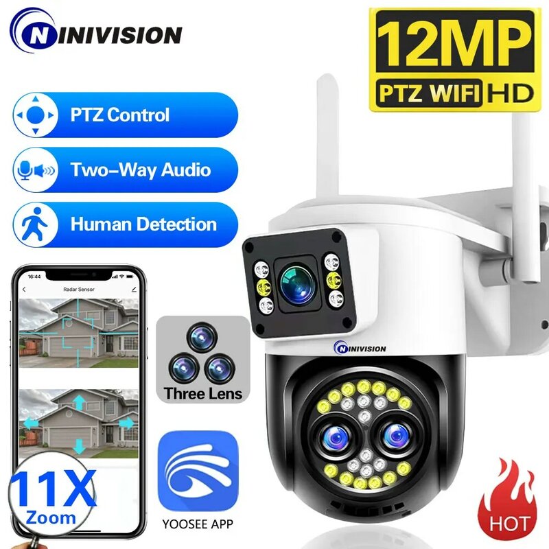 Cámara IP inalámbrica para exteriores, videocámara PTZ Zoom de 12MP con WiFi, tres lentes, protección de seguridad para el hogar, seguimiento IA, videovigilancia CCTV, 11X