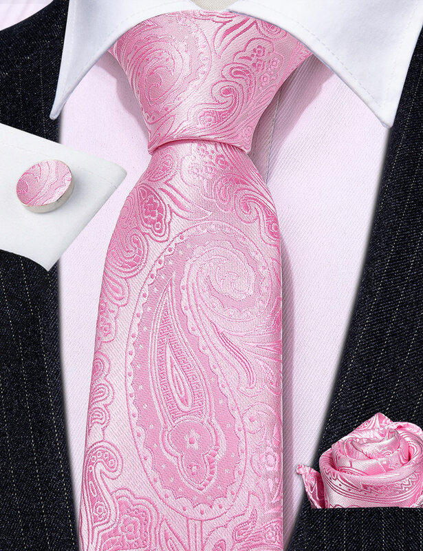Klasyczne brzoskwiniowo różowa krawaty dla mężczyzn wykwintna krawat we wzór Paisley chusteczka zestaw spinek do mankietów pana młodego prezent projektant biznesowy Barry 6012