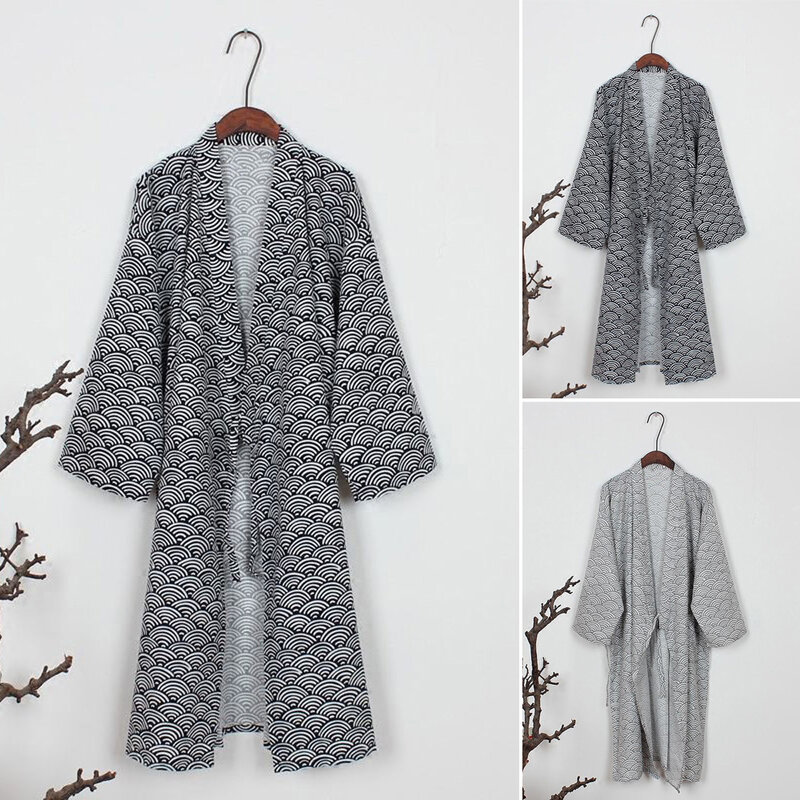 Fashion Printed Men's Kimono Yukata Robes Cotton Blend Soft Japanese Cardigan Kimono Loose Robe Gown Nightwear Bathrobe