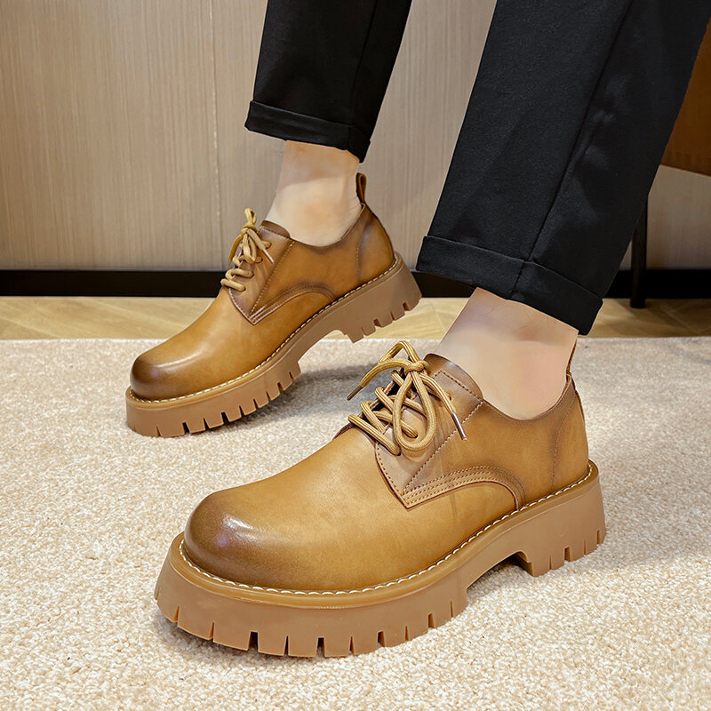 Botas de couro luxo retrô masculinas, bota casual plataforma, antiderrapante, sapatos de trabalho estilo britânico, ao ar livre