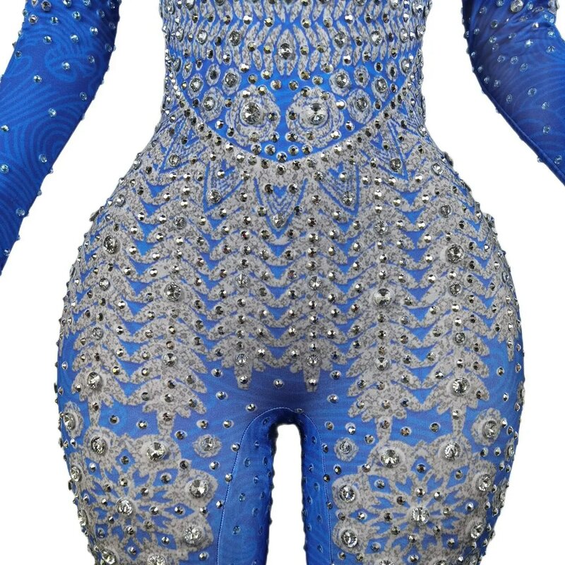 Błyszczący niebieskie cyrkonie kombinezon kobieta elastyczne legginsy kostium piosenkarza urodziny do klubu na imprezę strój sceniczny Spandex Yatelandisi