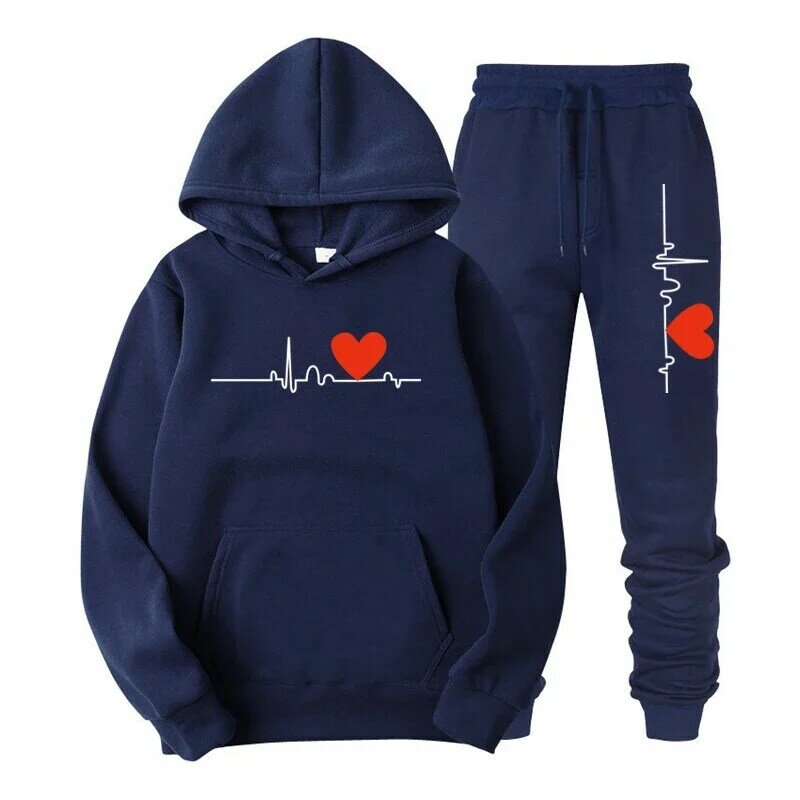 Setelan hoodie cetakan hati pria, pakaian olahraga berkerudung 2 potong, Kaus dan celana olahraga desain desain
