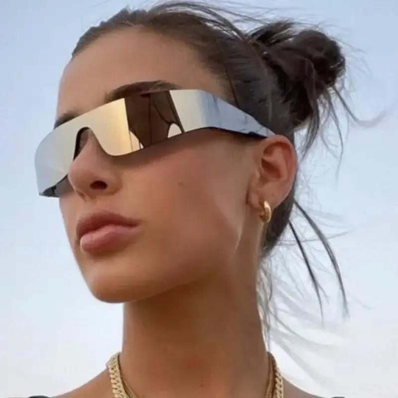Очки y2k солнцезащитные очки для мужчин и женщин ощущение будущего технологического пилота бескаркасные цельные крутые солнцезащитные очки.