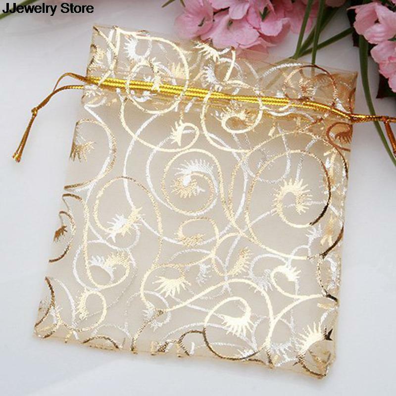 Bolsa de Organza dorada de 12x9cm, embalaje de joyería para regalo de boda y Navidad, 100 unids/lote por paquete