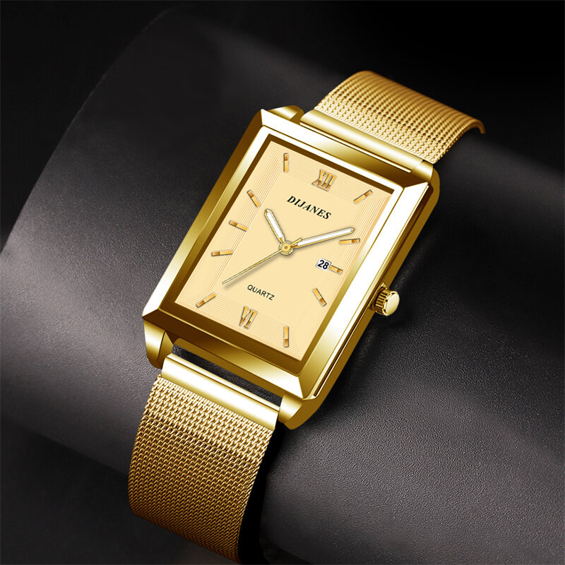 Retângulo de aço inoxidável malha cinto quartzo relógio de pulso masculino, relógio de couro casual, relógios de negócios para homens