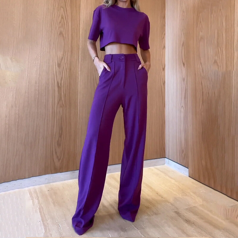 New Fashion Two Piece Set for Women Summer Round Neck Short Sleeve top with pants Sets Female Elegant Trousers Sets 2023 Outfits
