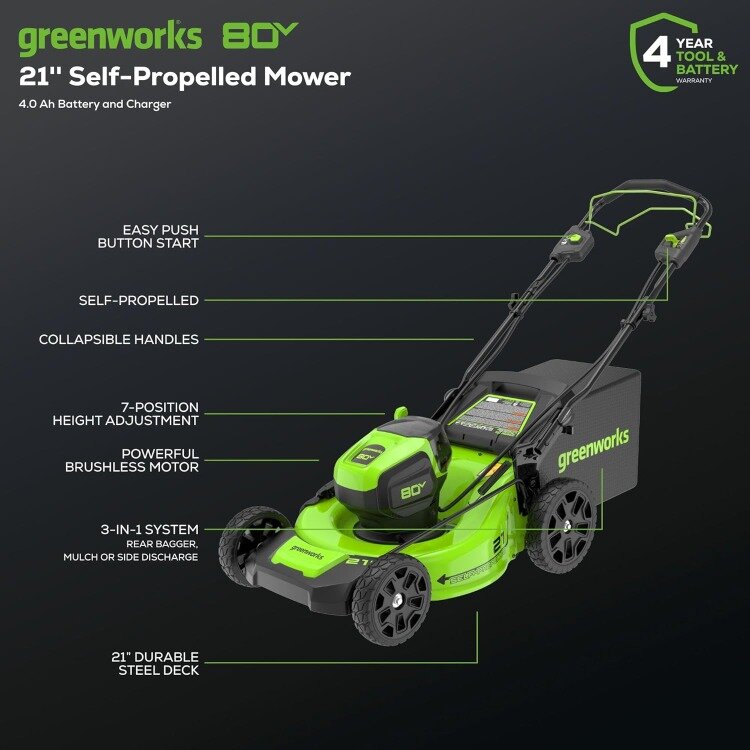 Greenworks-ブラシレスコードレス芝刈り機、自走式、75互換ツール、4.0ahバッテリー、60分急速、21 "、80v