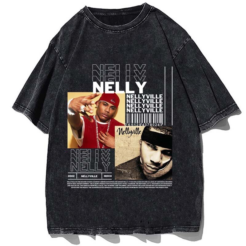 Nelly เสื้อยืดย้อนยุคแร็ปเปอร์, เสื้อยืดโอเวอร์ไซส์ฮิปฮอปผ้าฝ้ายวินเทจเสื้อกางเกงขาสั้นผู้ชายลำลองในฤดูร้อนแบบแฟชั่นเสื้อยืดสตรีท