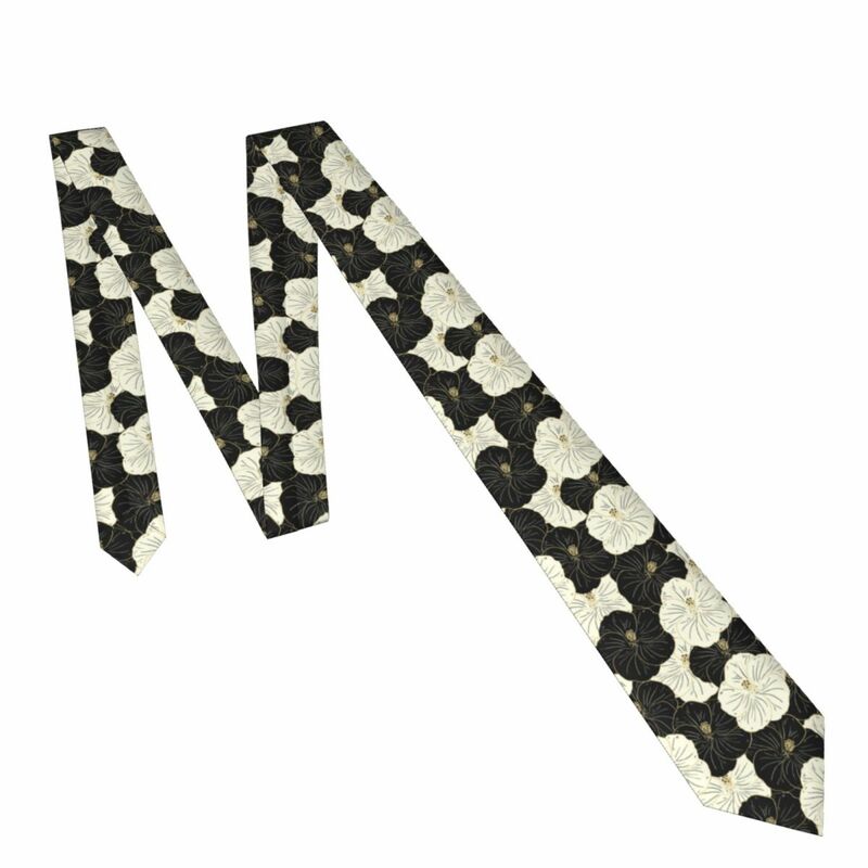Черный, бежевый, гибискус, цветы, золотистый контур, галстук, 3D Печатный галстук, галстук, ширина 8 см