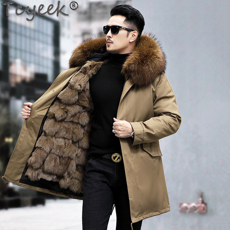 Tcyeek-Jaqueta masculina de comprimento médio, casaco quente, forro de pele de raposa destacável, moda parka, jaqueta de inverno, gola, 2023