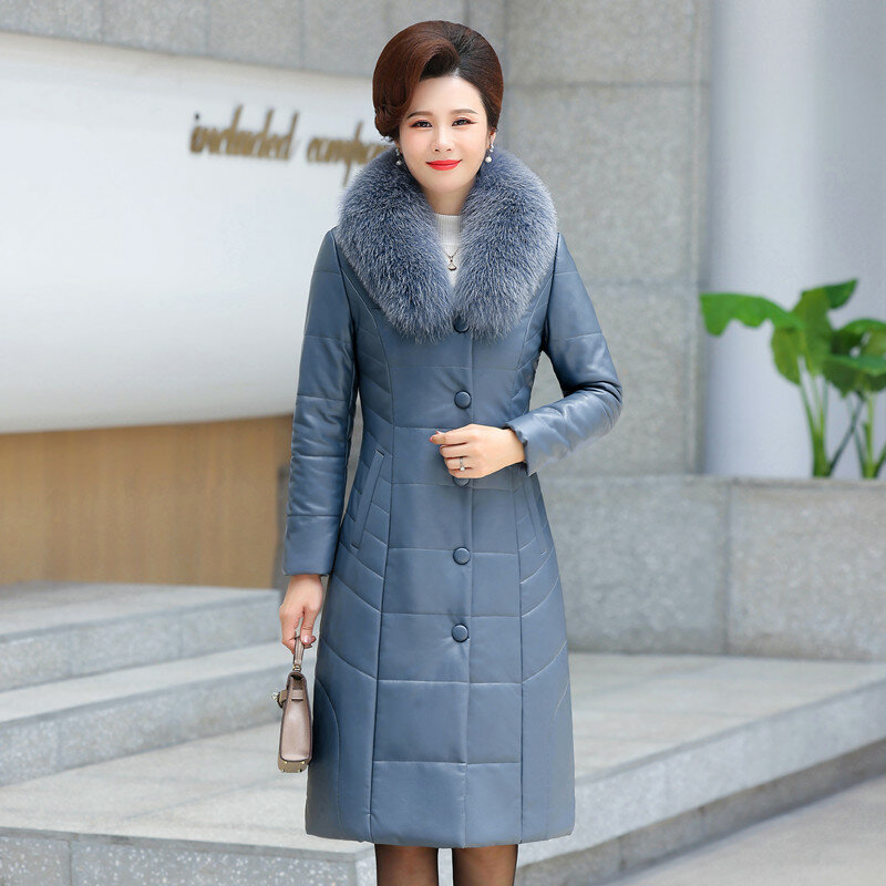 Mantel Kulit Panjang Wanita M-7XL Mode Musim Dingin Pakaian Luar Empuk Ibu Mantel Perempuan Isi Bulu Unta Kerah Bulu Hangat Tebal