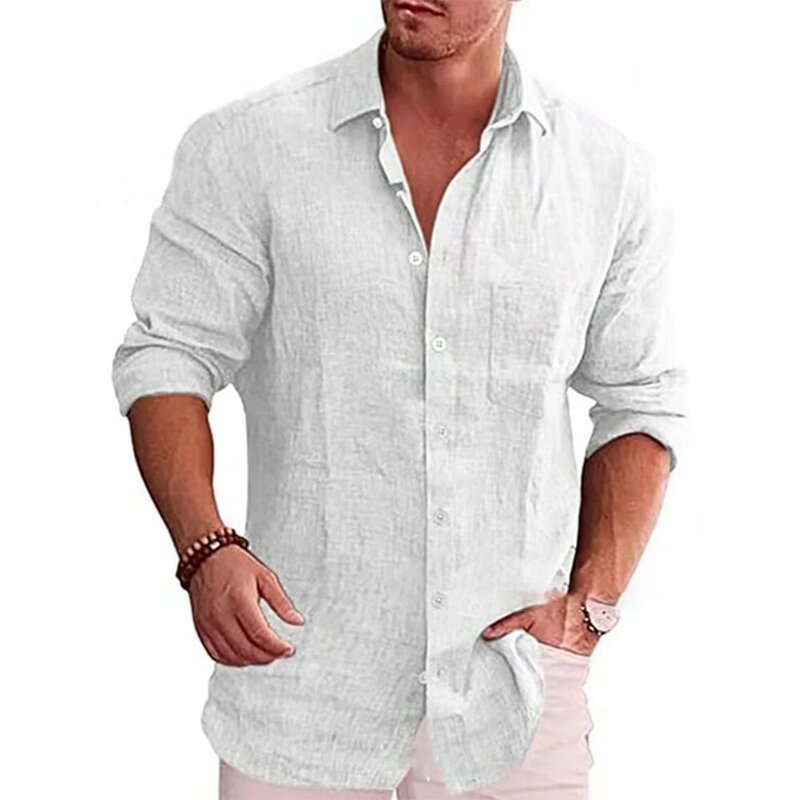 Camisa de manga larga de lino y algodón para hombre, blusa con botones, holgada, lisa, a la moda