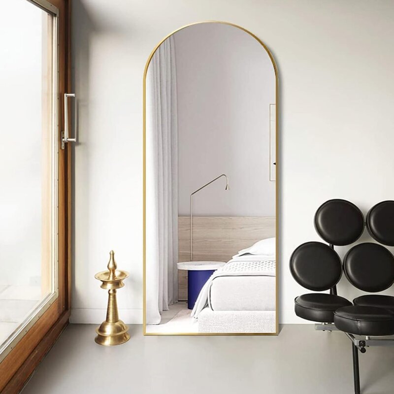 Miroirs de sol arqués avec support, 71 en effet x 30 en effet, miroirs pleine longueur modernes, cadre en alliage d'aluminium, or