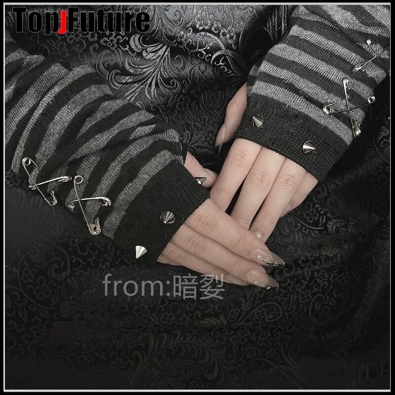 Sarung tangan Gothic Lolita Pria Wanita, pelindung lengan Harajuku lengan penghangat bergaris tanpa jari punk panjang gelang logam Y2K untuk perempuan