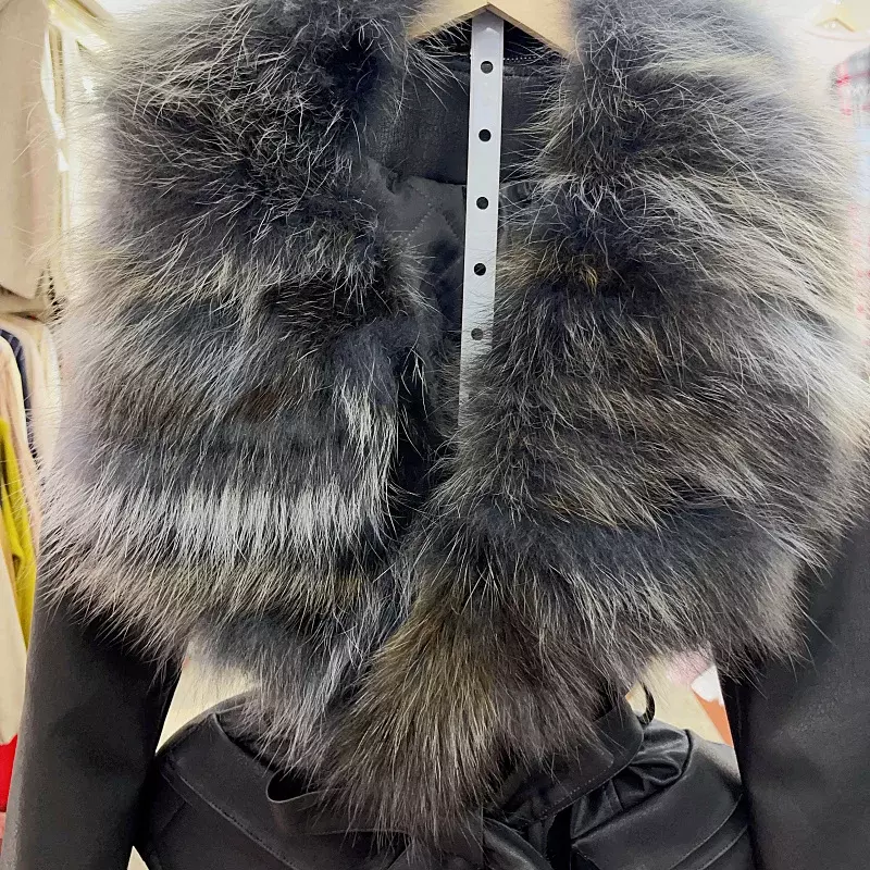 Fox Fur Big Fur Collar Waist-Tight Black Leather Coat for Women 2023 Winter New Faux Fur Stitching Short Fur Coat Top Female