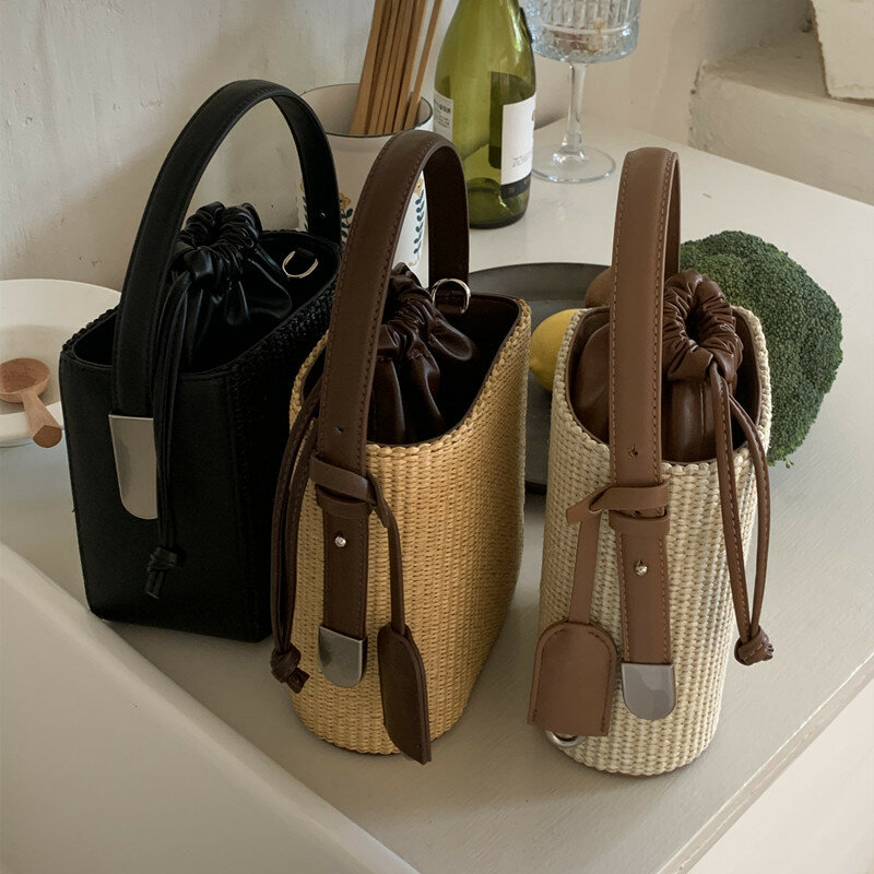 2024 New Niche Fresh Style Street Woven Drawstring Bucket Bag Versatile One Shoulder Handbag