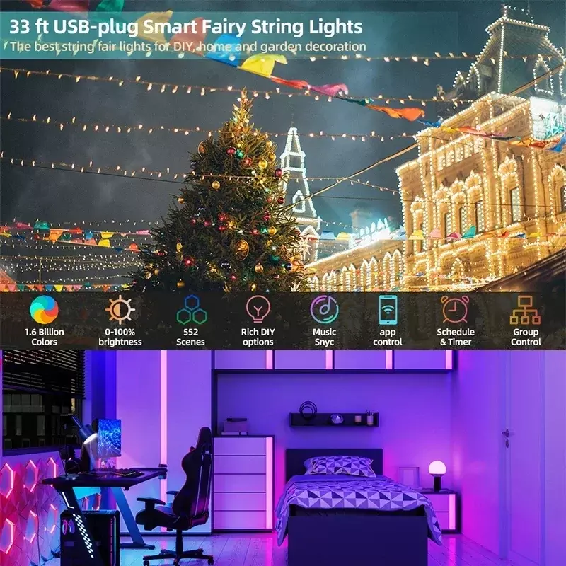 야외용 크리스마스 트리 스트링 조명, 블루투스, WS2812B, RGBIC 요정 LED 스트링 조명, 파티 웨딩 축제 화환 장식, 40M