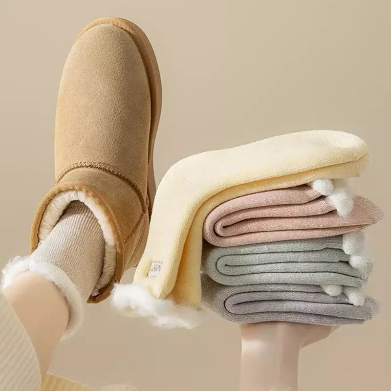 Kaus kaki katun rajut musim dingin wanita, stoking tabung setengah termal kasual katun rajut lantai tidur salju