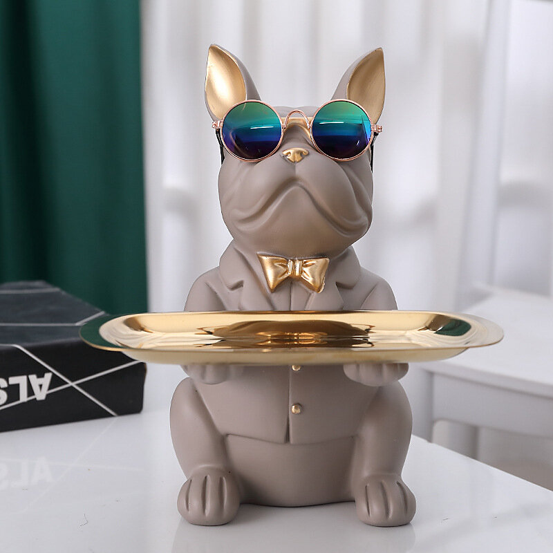 Nordic French Bulldog Sculpture Dog Figurine Statue Key Jewelry Storage Table Decoration Gift With Plate Glasses