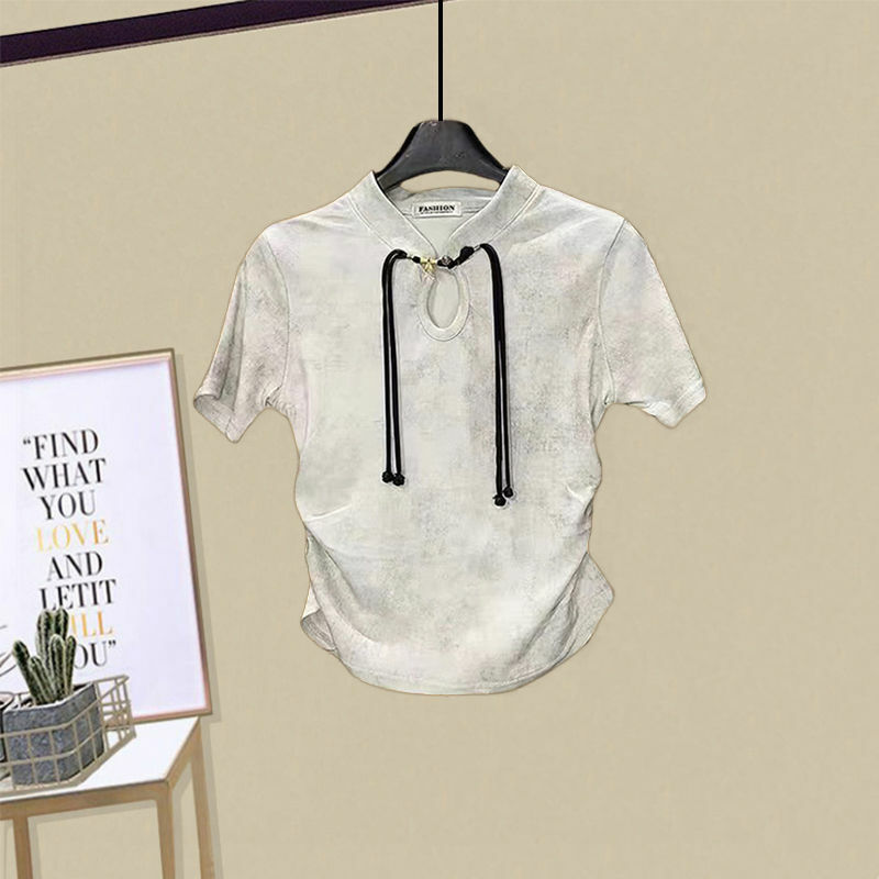 Camiseta feminina estilo chinês de verão, nova camiseta melhorada com botão pan, conjunto casual de meia saia emagrecedora, 2 peças, 2022