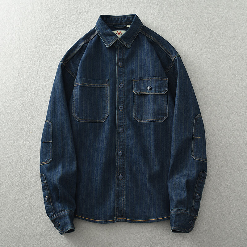 Camisa vaquera de rayas verticales lavadas Vintage para hombre, chaqueta suelta de algodón de manga larga, talla grande
