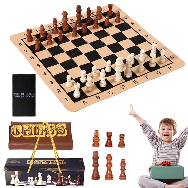 Jogo de xadrez de madeira portátil para crianças e adultos, brinquedos educativos interativos, placa decorativa, presentes, 2 em 1