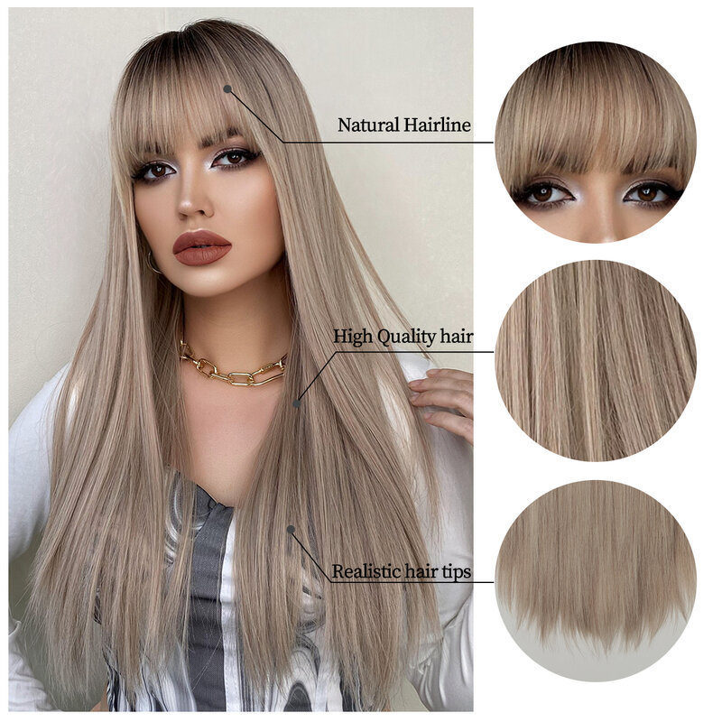 Nicky Wall Long Straight Hair Blonde Wig with Bangs Women Natural Brown on Top Synthetic Wigs Heat Resistant Party Daily Use