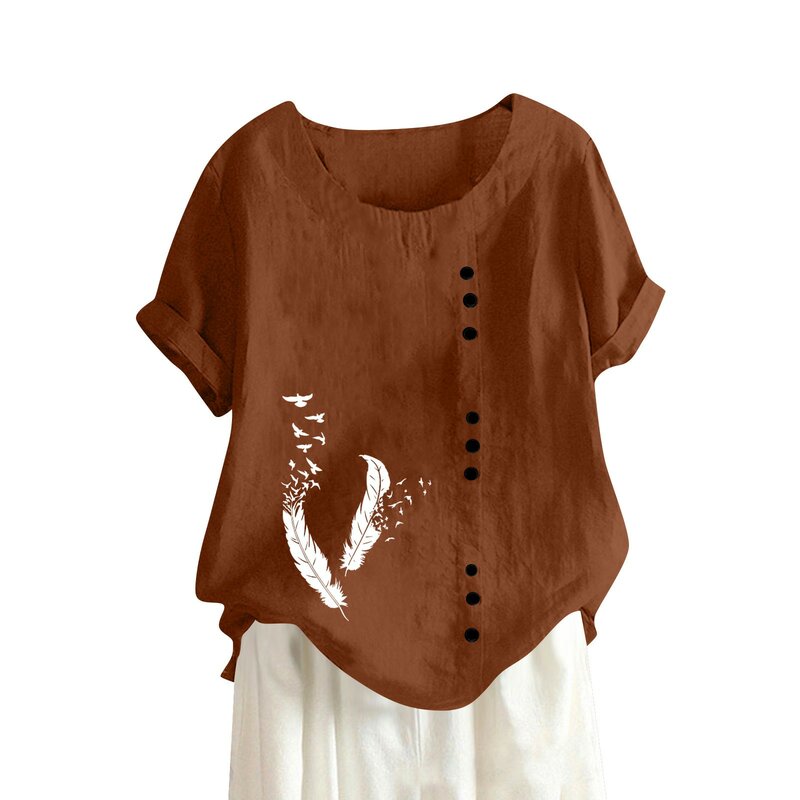 T-shirt manches courtes col rond femme, estival et décontracté, en coton et lin, vintage