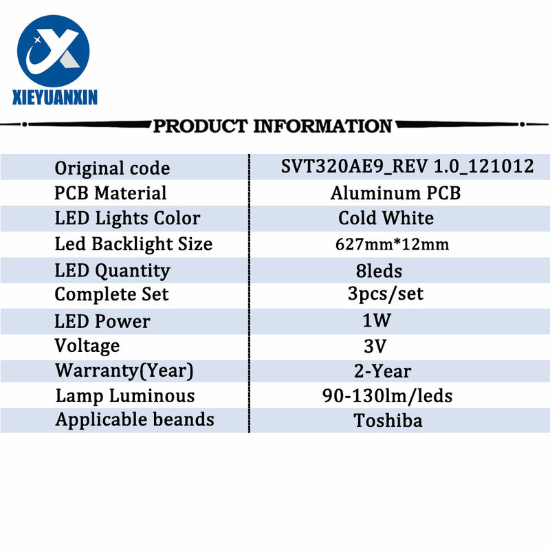Rétro-éclairage Led pour Toshiba 32 pouces, 3 pièces/ensemble, lentille 3V 8, réparation du rétro-éclairage TV, 32W2333D, 1.0, 121012, 627mm