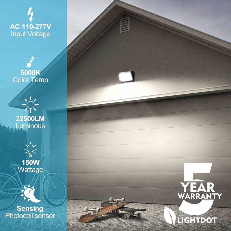Lightdot lampu Paket dinding LED 150W dengan fotosel,-22500Lm[Eqv. 1300W HPS] 5000K IP65, lampu keamanan banjir luar ruangan