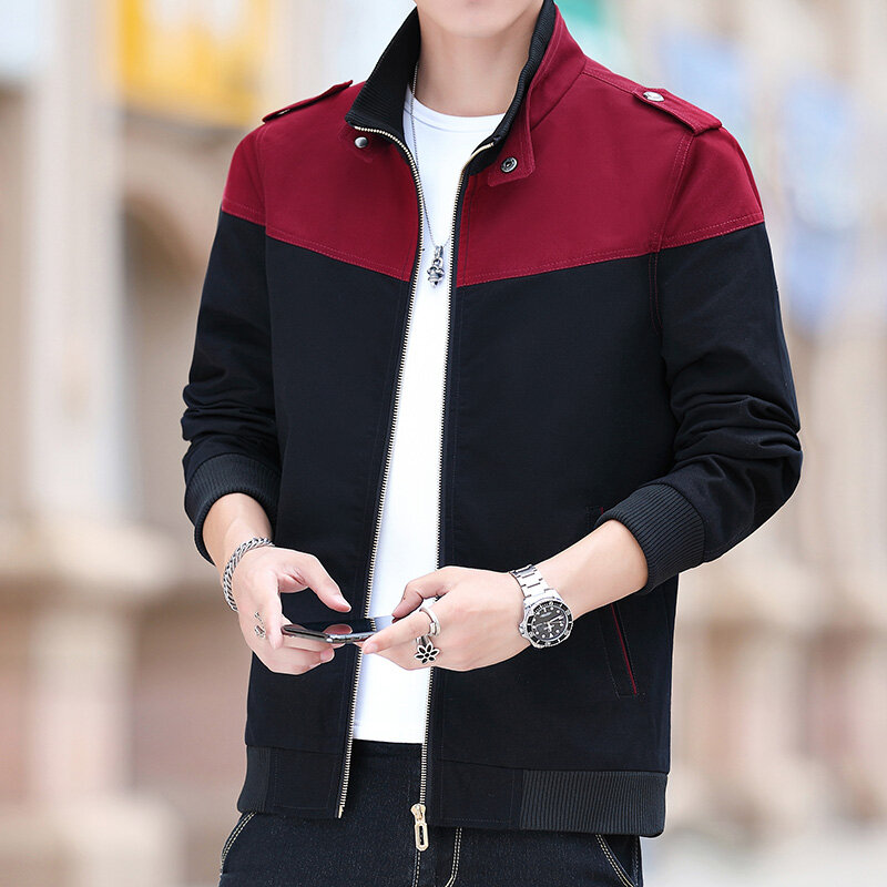 Pure Cotton Jacket Spring Men's Casual Color Blocking Zipper Stand Up Collar Coat Outdoor Fashion Versatile Baseball Clothing