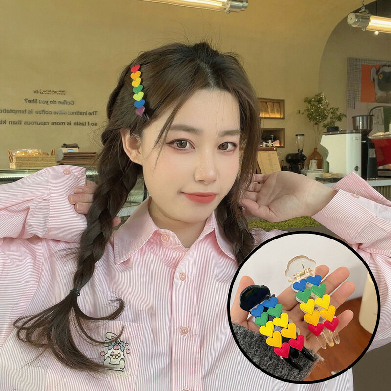 Cute Colorful Love Heart Hairpins Crianças Sweet Headwear Rainbow Hair Clips Headband Barrettes Women Fashion Hair Accessories