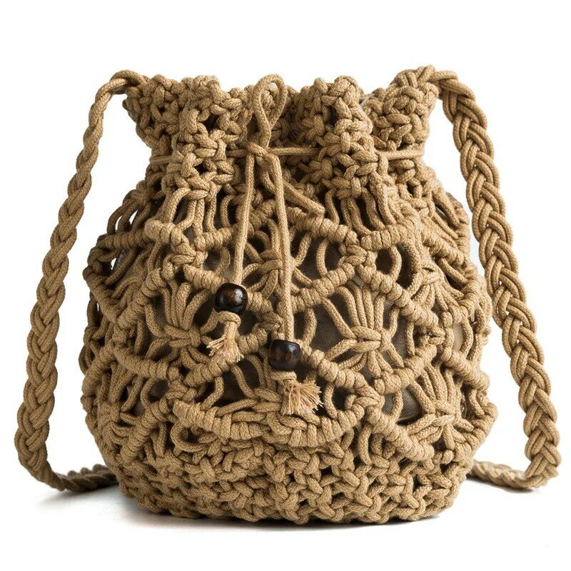 Cotton Rope Woven Women's Shoulder Bag Bohemian Handmade Crossbody Bags Knitted Summer Bucket Straw Beach Bag Female Handbags