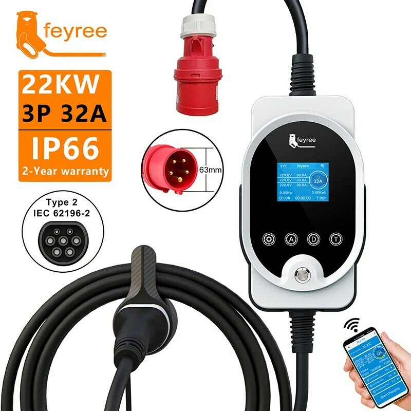 Feyree 22 кВт EV портативное зарядное устройство тип 2 кабель 32A 3 фазы EVSE Wallbox Wi-Fi приложение интеллектуальная Быстрая зарядка для электромобиля