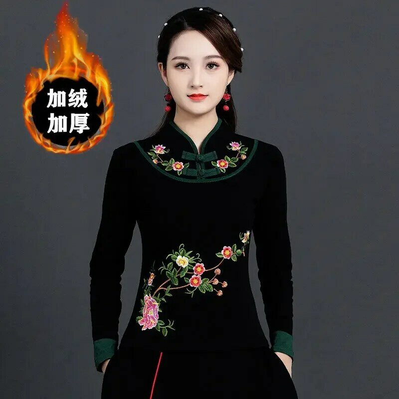Wiosenny i jesienny nowy haftowany T-shirt damski w stylu chińskim przycisk Retro z długim rękawem bawełniany stójka