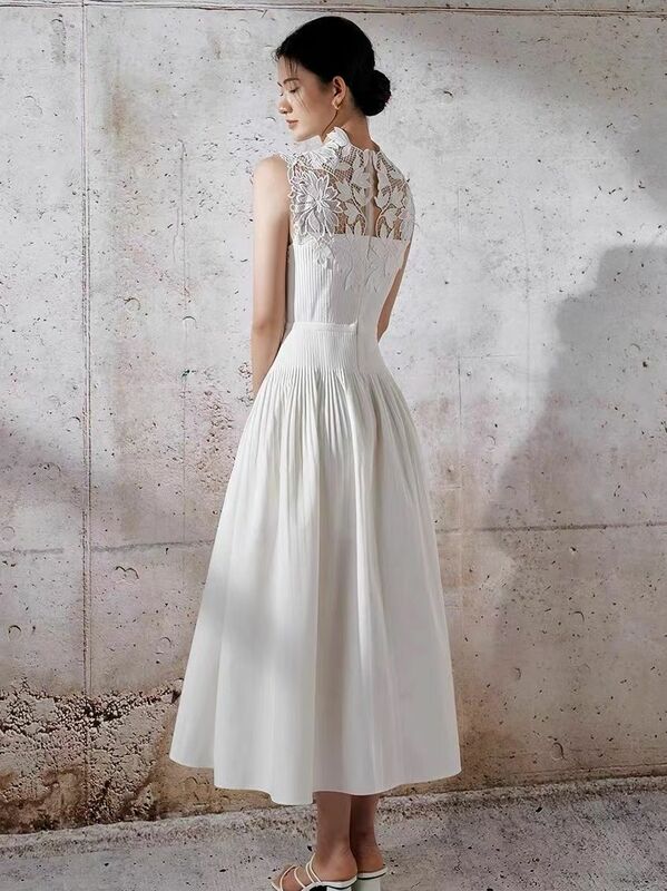 DEAT Elegant Dress Embroidery White Lace Waist Up Sleeveless Flowers Pleated Women Evening Dress 2024 Spring New Fashion 13DB421