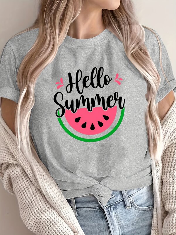 Watermelon Print Crew Neck T-shirt, Short Sleeve Casual Top For Summer & Spring, Women's Clothing