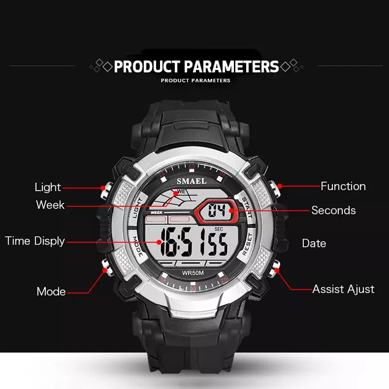 Smael Männer Outdoor-Sport uhren Countdown Alarm Mode Digitaluhr männliche Uhr wasserdichte Armbanduhren relogio masculino