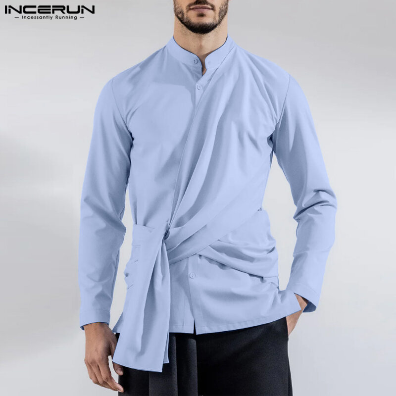 INCERUN 남성용 불규칙 셔츠, 단색 라펠 긴팔 단추 스트리트웨어, 개성 패션 캐주얼 남성 의류, 2024